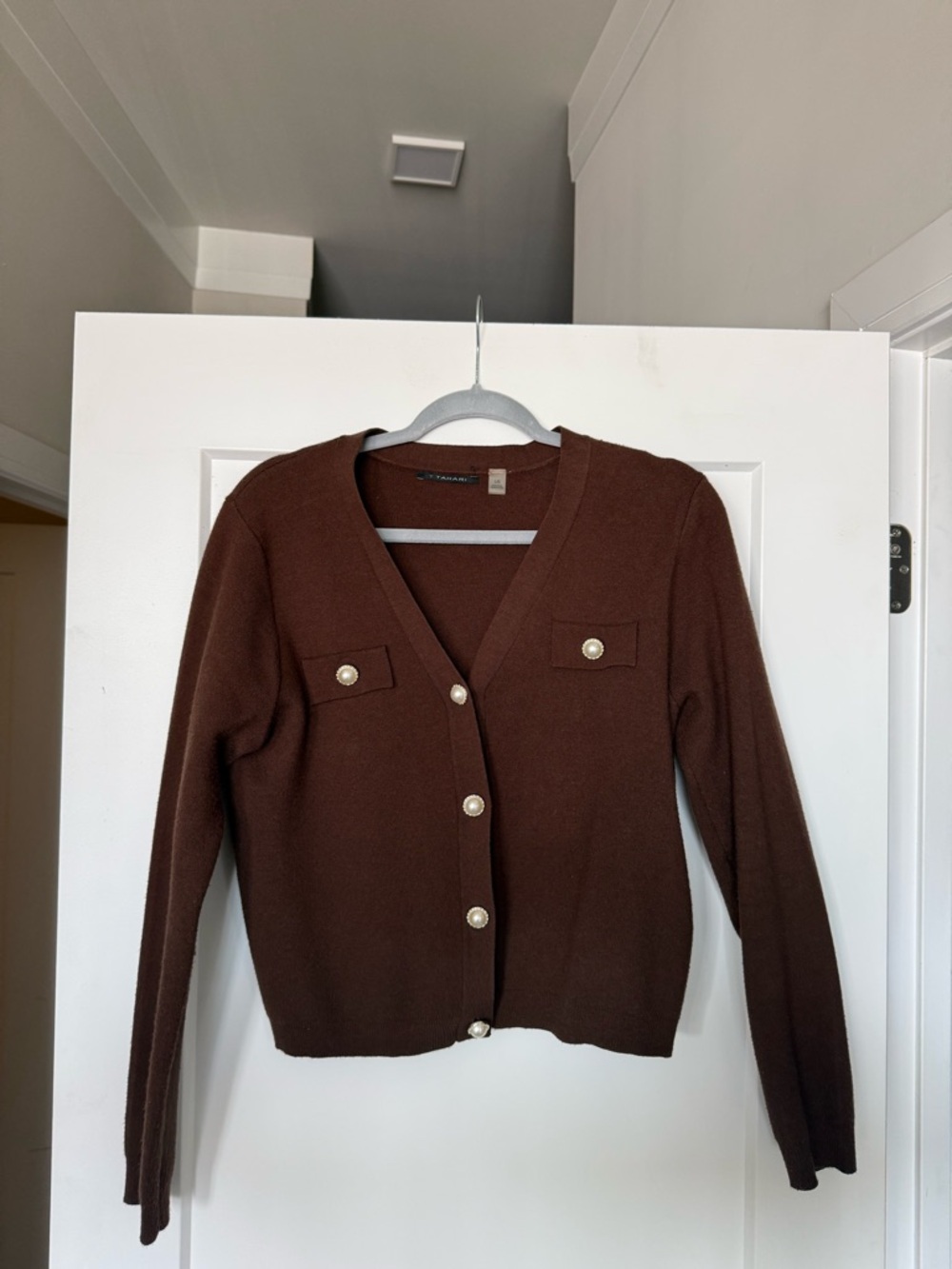 T Tahari Brown V-Neck Button Front Cardigan